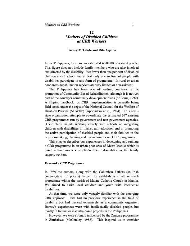 Mothers of Disabled Children as CBR Workers