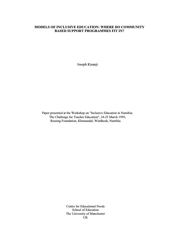 Models of Inclusive Education: Where do community-based support programmes fit in?