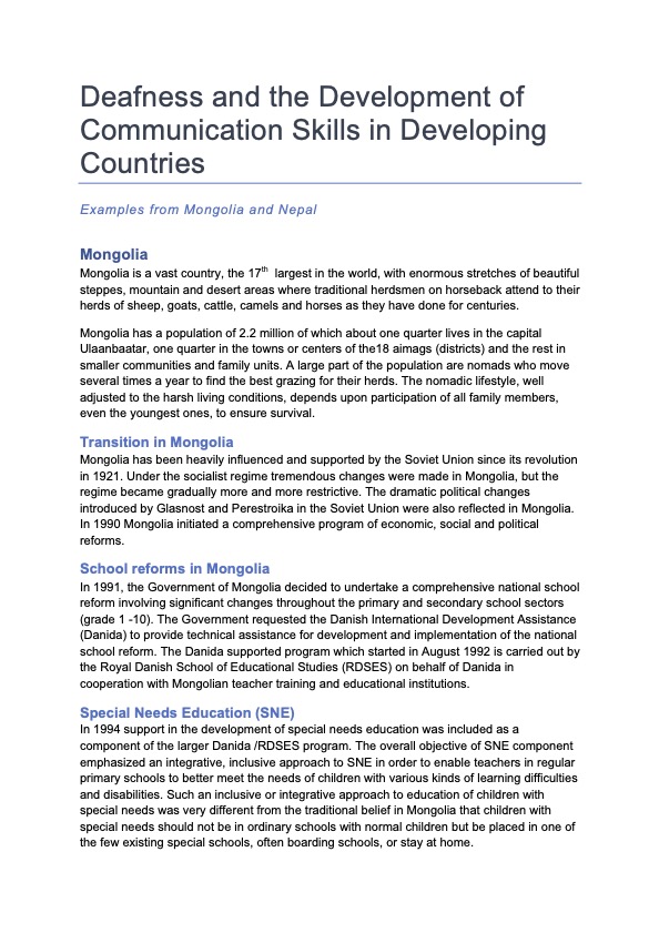 Deafness and the Development of Communication Skills in Developing Countries:  Mongolia and Nepal
