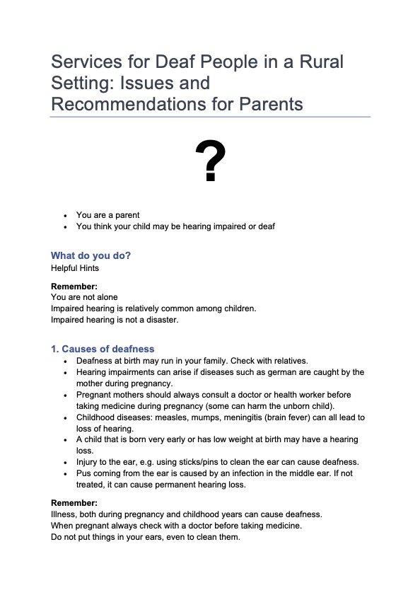 Services for Deaf People in a Rural Setting: Issues and recommendations for parents