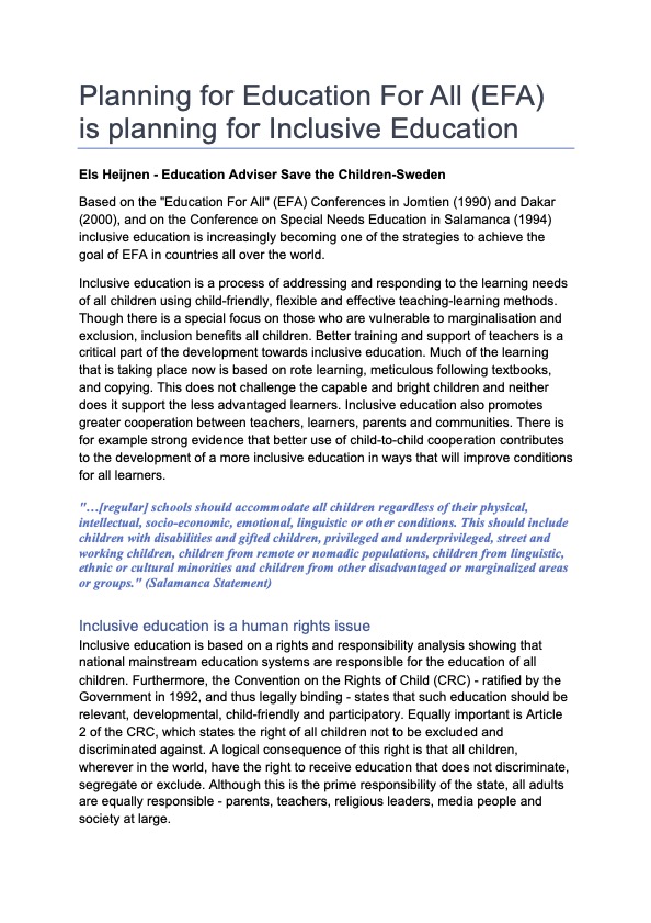 Planning for Education For All (EFA) is Planning for Inclusive Education