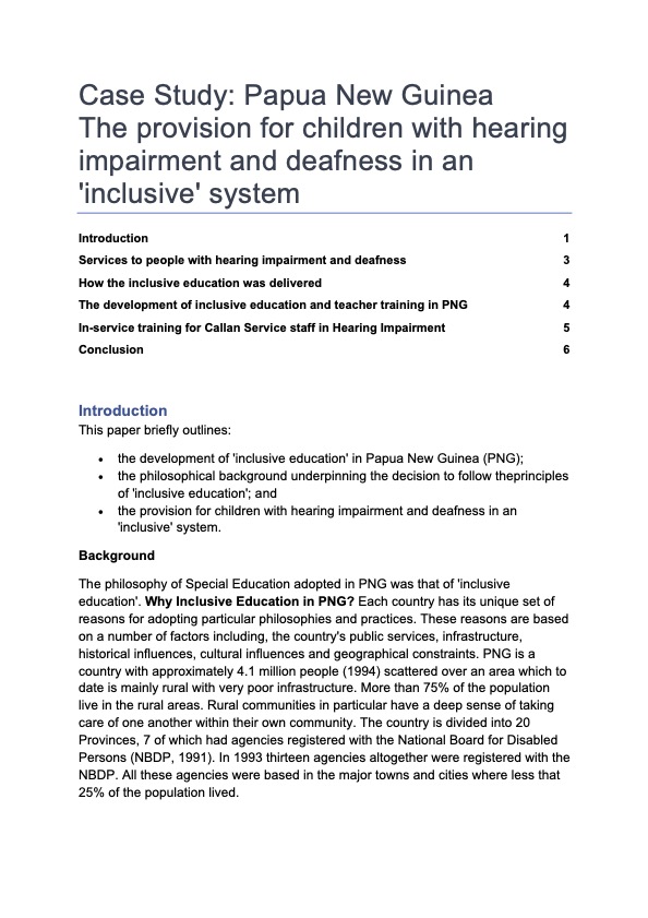 Case Study: Papua New Guinea - the provision for children with hearing impairment
and deafness in a