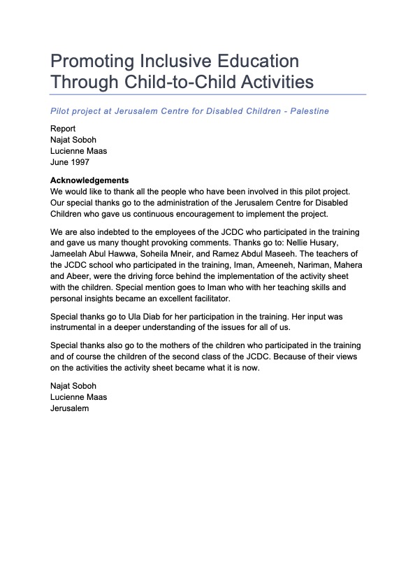 Promoting Inclusive Education Through Child-to-Child Activities: Pilot project at Jerusalem Centre f