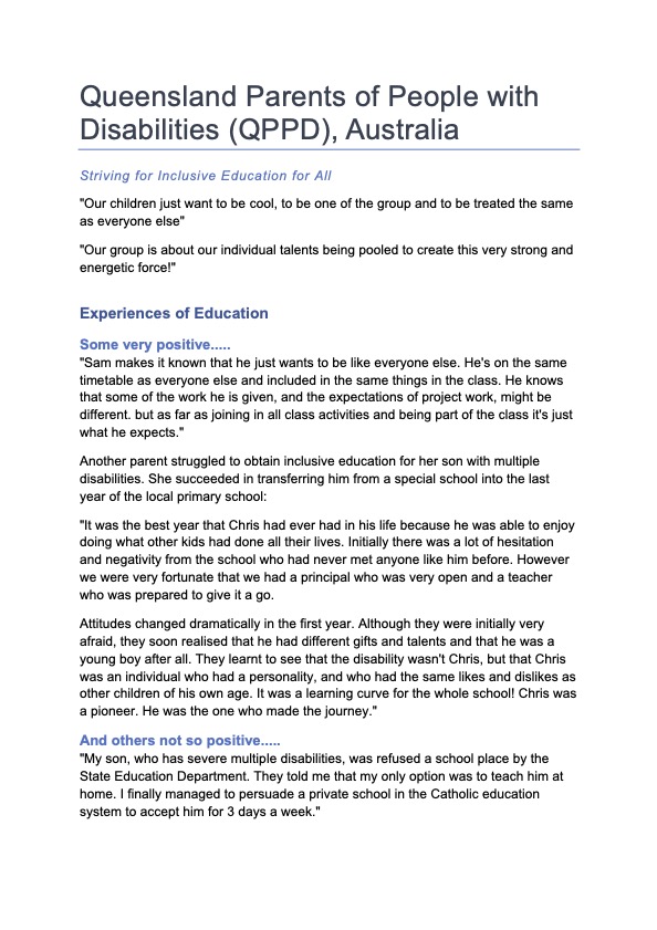 Striving for Inclusive Education for All: Queensland Parents of People with Disabilities (QPPD), Aus