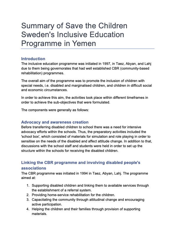 Summary of Save the Children Sweden's Inclusive Education Programme in Yemen