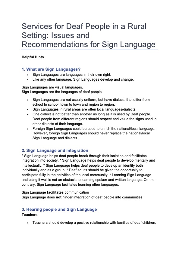 Services for Deaf People in a Rural Setting: Issues and recommendations for sign language