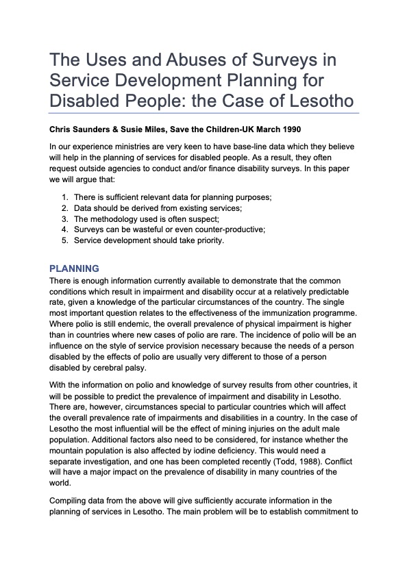 The Uses and Abuses of Surveys in Service Development Planning for Disabled People: The case of Leso