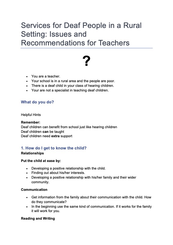 Services for Deaf People in a Rural Setting:
Issues and recommendations for teachers