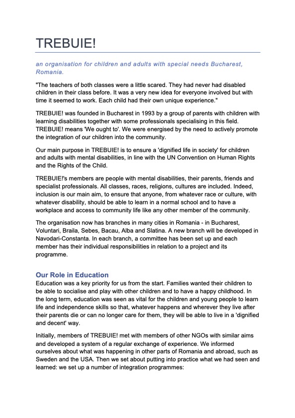 TREBUIE! An organisation for children and adults with special needs Bucharest, Romania