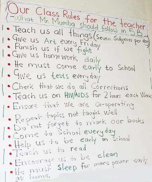 A poster of ‘rules for the teacher’ created by children in a democratic class
