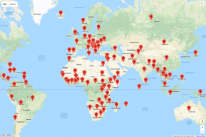 screenshot of interactive world map showing countries marked with red flags