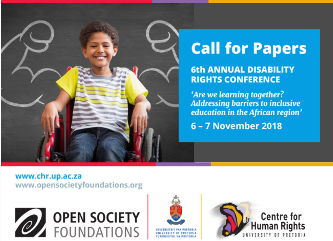 Call for papers text, image of smili boy in wheelchair with muscled arms drawn on board behind him. Sponsors logos