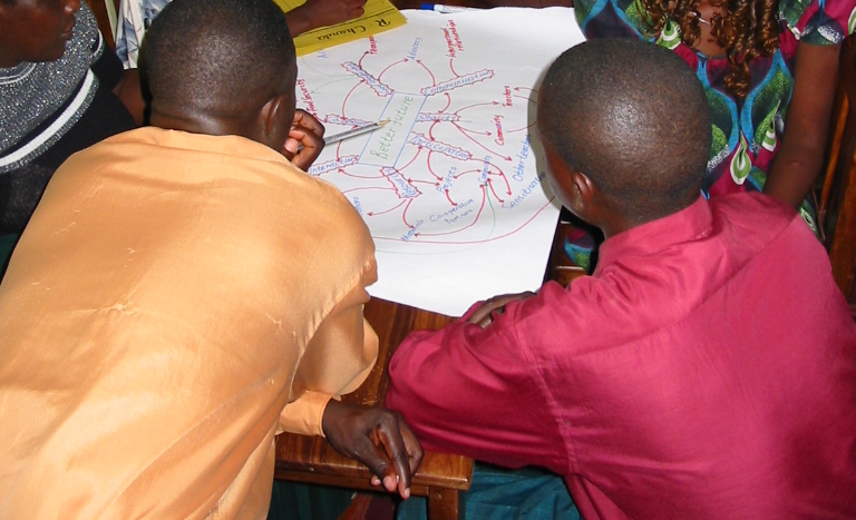 2 teachers with back to us looking at a flipchart with diagram on it