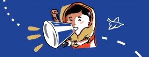 Cartoon image of girl wearing head scarf and speaking into a loud hailer. Her right fist is raised. 