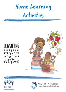 Cover page of home learning activities package, includes image of child watering a plant with woman next to them, talking.