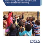 Cover for: A continuum for Inclusion: Home learning, education transition, and inclusive school-based learning. Photo shows a group of children waving arms in the air and smiling