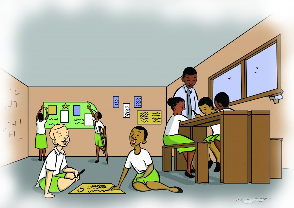 Drawing of classroom. 2 children at the back sticking a poster on the wall. 2 children at the front sitting on the floor talking and writing on a sheet of paper. 3 children sitting at a desk with a teacher talking with them.