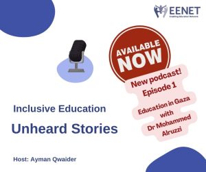 Podcast promo graphic which says: Inclusive Education: Unheard Stories. Host Ayman Qwaider. Episode 1. Education in Gaza with Dr Mohammed Alruzzi. There is a microphone image in the centre and EENET's logo in the top right corner.