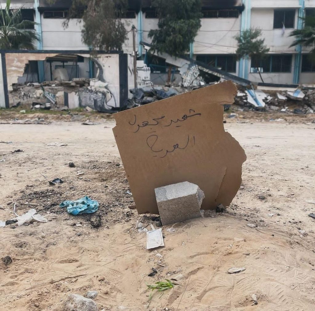 A mound in the earth, with a cardboard sign - probably a grave