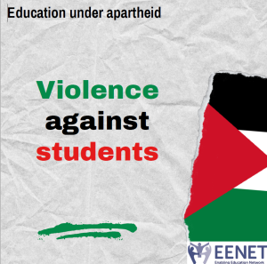 Text reads: Education under Apartheid. Violence against students. EENET logo. Palestine flag.